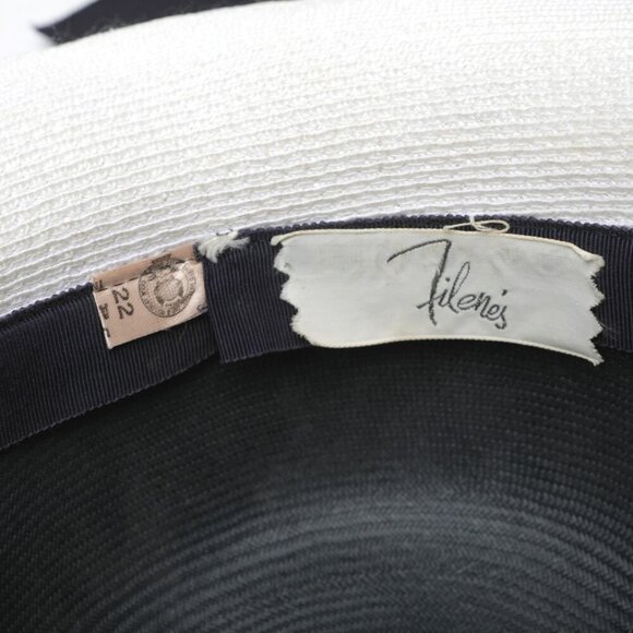 Vintage Filene's Wide Brim Straw Sun Hat Black White Grosgrain Ribbon Bow - Picture 5 of 10
